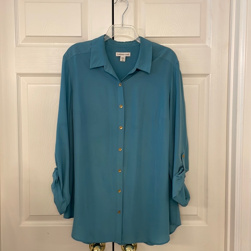 Coldwater Creek 1X (size 18) Soft Aqua Flowy Long Blouse Tunic